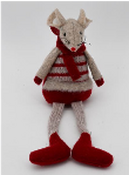 Fabric Sitting Boy Mouse In Red and Brown Stripey Outfit