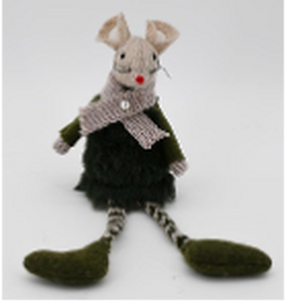 Fabric Sitting Mouse In Winter Outfit in Green