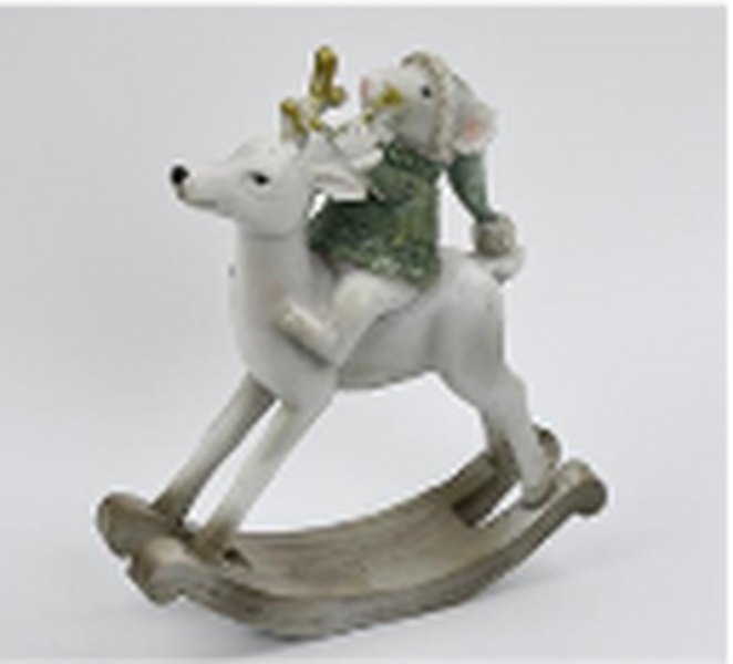 Resin Christmas Mouse on Rocking Horse White and Sage Green