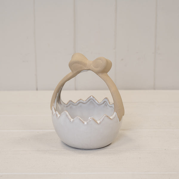 Ceramic Easter Egg Basket White Glazed with Unglazed Bow Handle