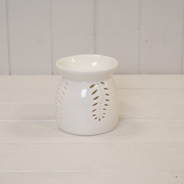 Medium White Ceramic Glazed Oil Burner with Leaf Detail
