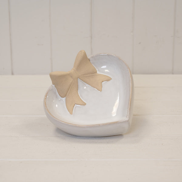 Heart Shaped Shallow Dish with Unglazed Bow Design Small 12.2cm x 11.5cm x 4.7cm