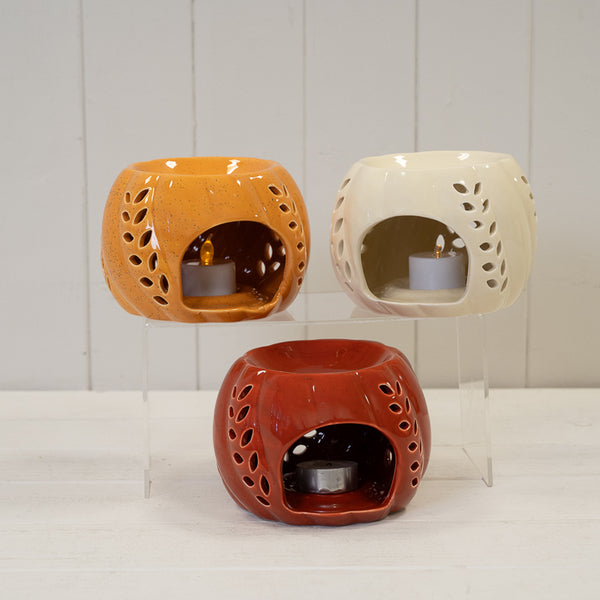 Burnt Orange Ceramic Wax Burner with Leaf Detail