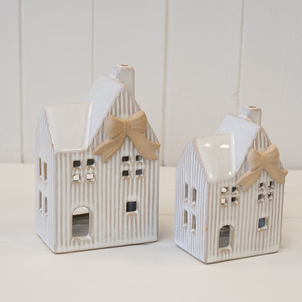 Ceramic Natural Tealight House with Bow Detail Small