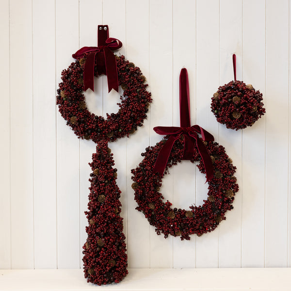 Luxury Wreath Burgundy Berry with Mini Pinecone and Velvet Ribbon Bow Large