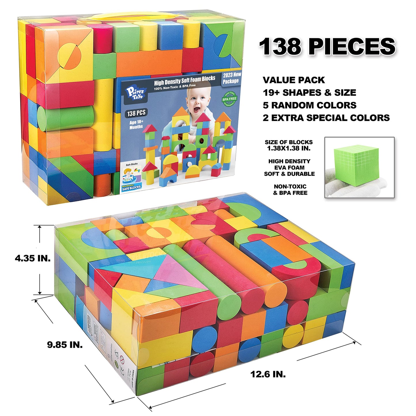 Pairez Toys Foam Blocks for Toddlers - 138-Piece Soft EVA Stacking & Learning Toy Set