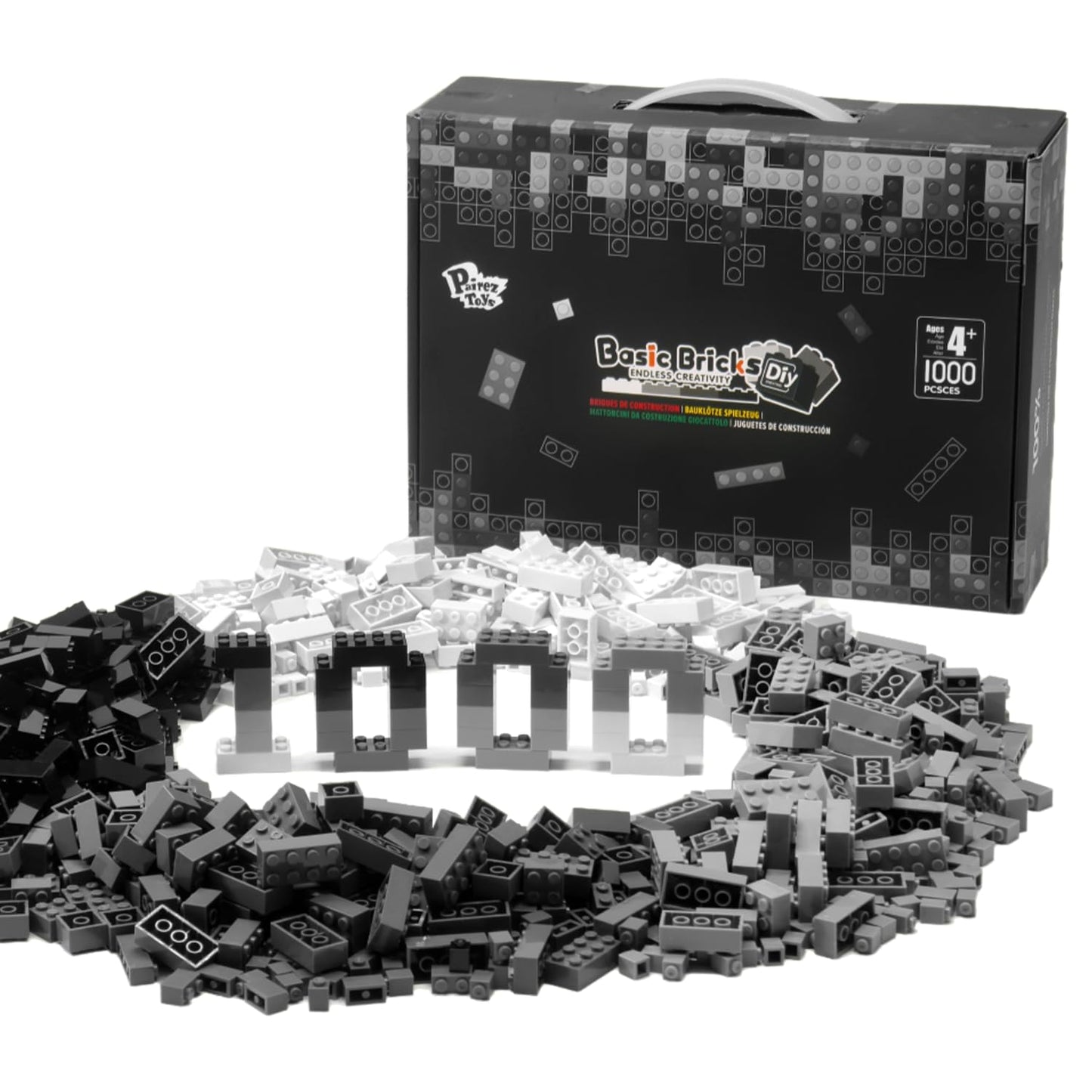 Pairez Toys 1000-Piece Building Blocks Set – 2x4 Bricks, STEM Toys for Kids 4–8 (Black, Gray, White)