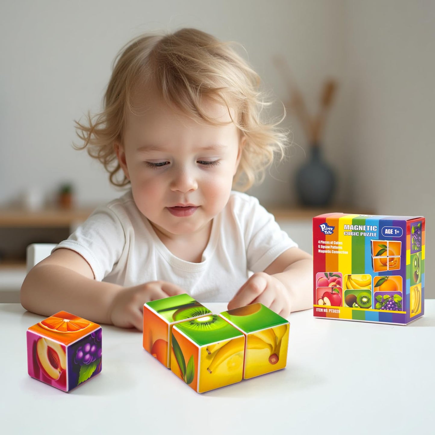 Pairez Toys Magnetic Blocks – 1.65-Inch Large Fruit Puzzle Cubes for Toddlers