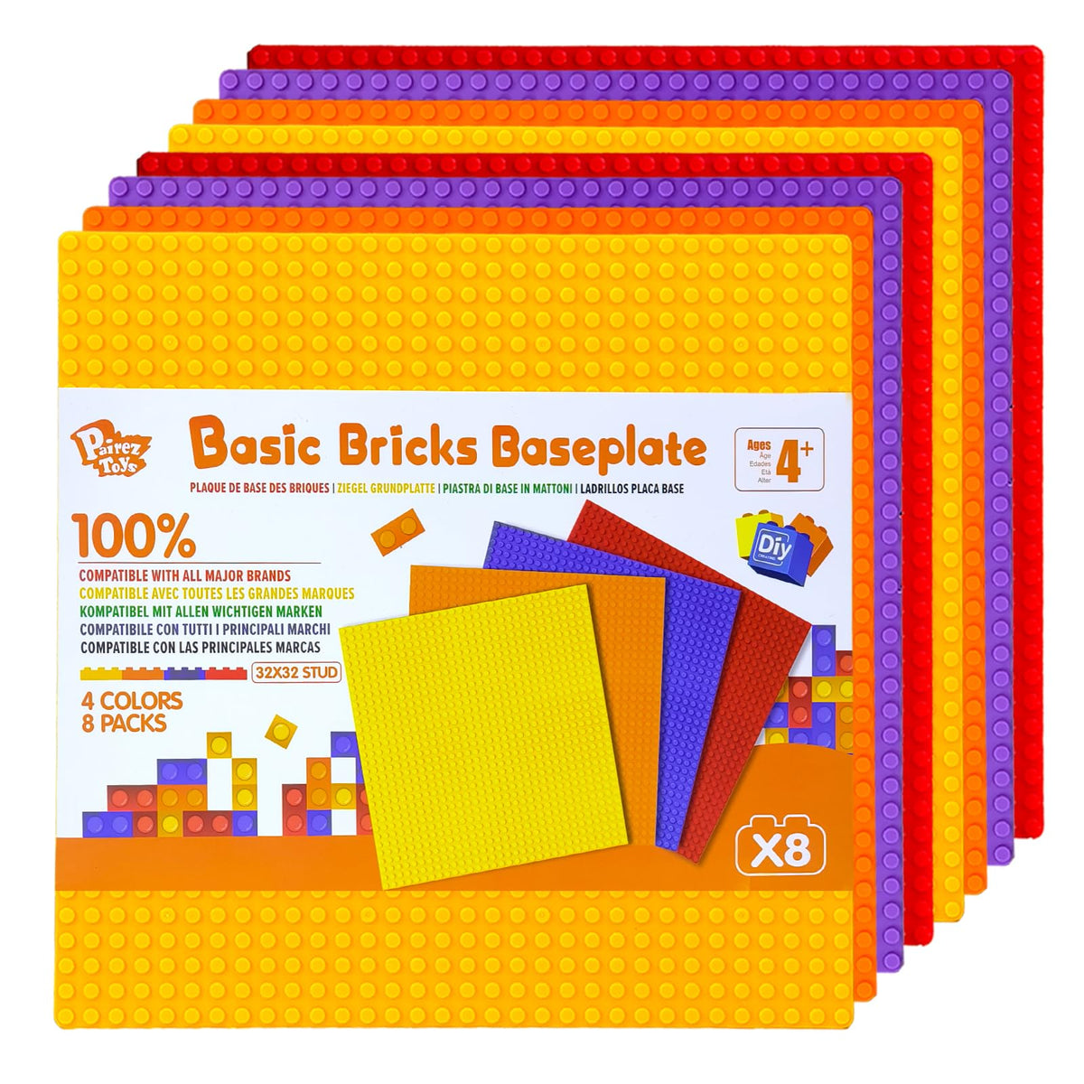 Pairez Toys Classic Baseplate 32x32 – 8-Pack Square Building Plates, Compatible with Major Brands (Yellow & Red)