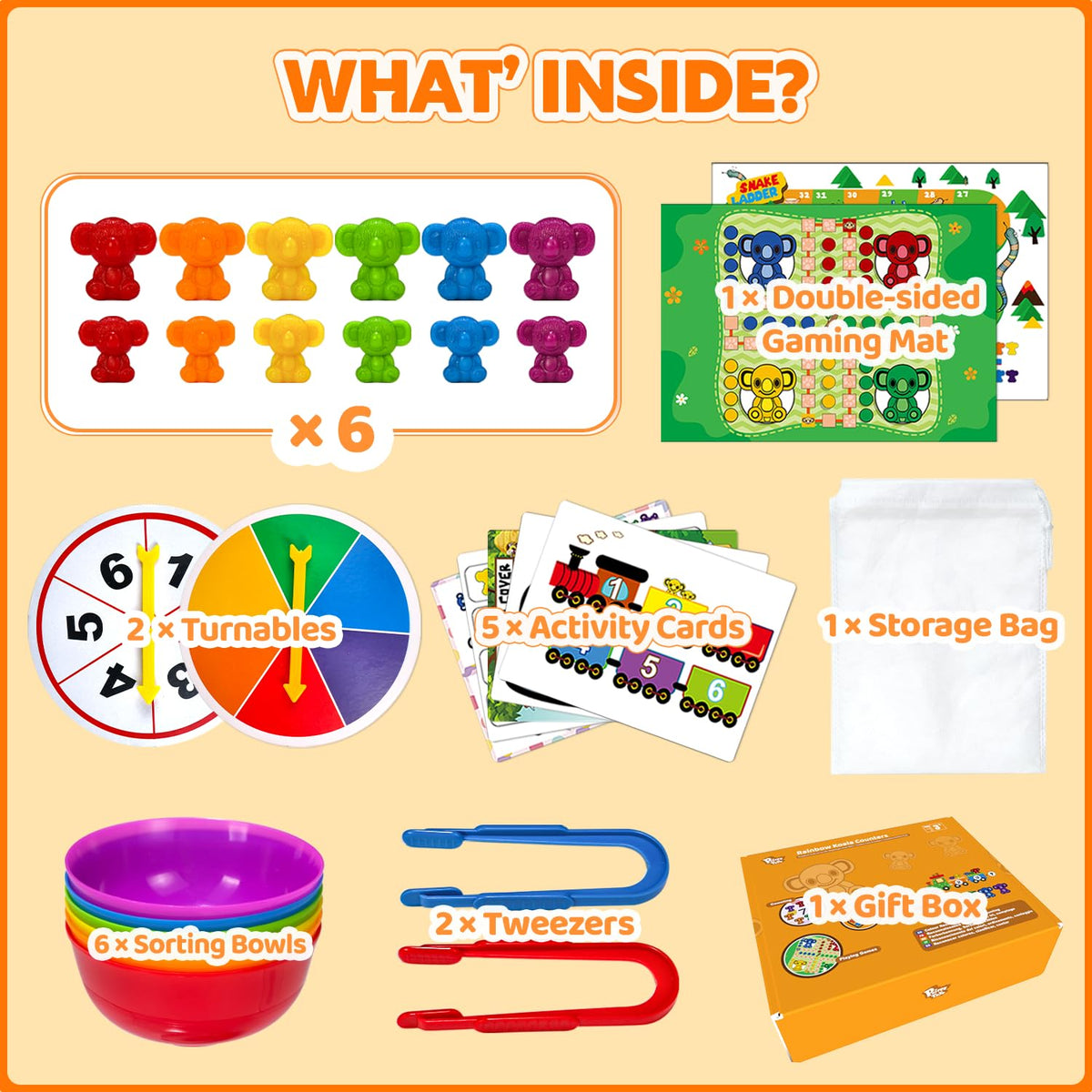 Pairez Toys Koala Counting Toys – 72 Counters + Activity Cards for Math Play & Board Games