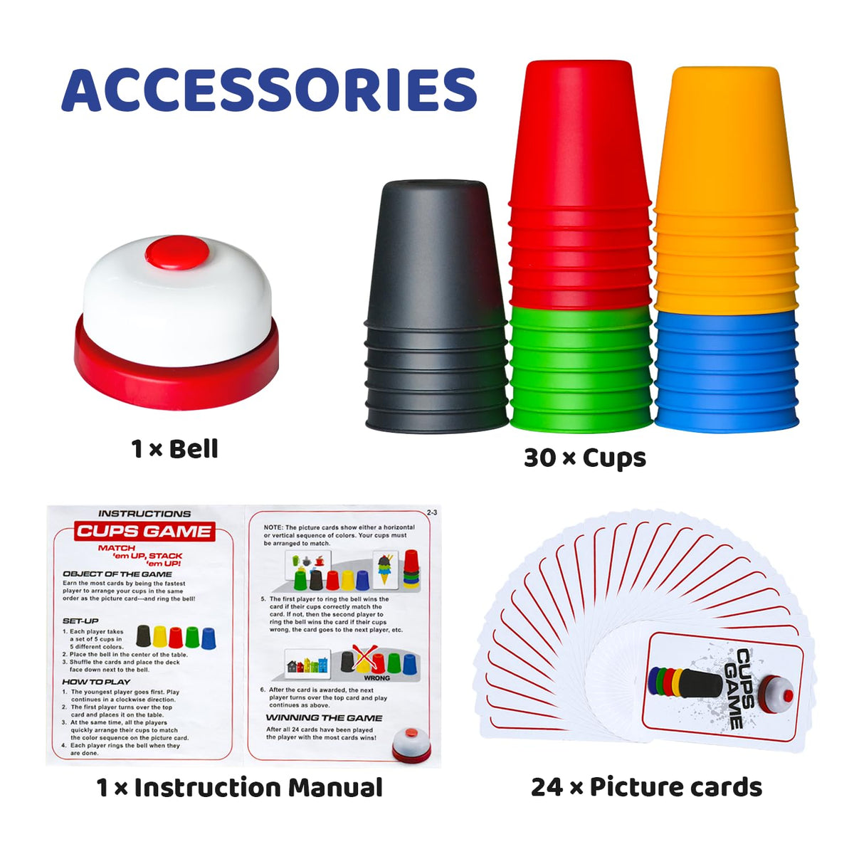 Pairez Toys Quick Stacking Cups Game – 30 Cups, 24 Cards, Family Matching Race