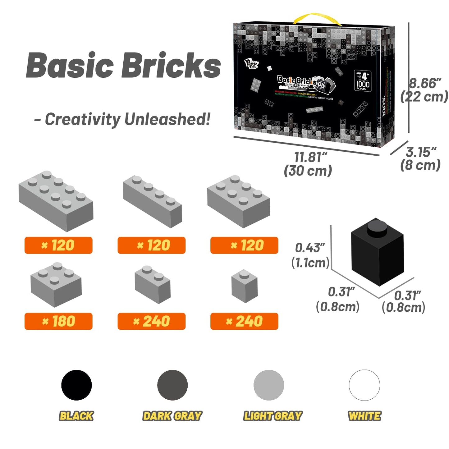 Pairez Toys 1000-Piece Building Blocks Set – 2x4 Bricks, STEM Toys for Kids 4–8 (Black, Gray, White)