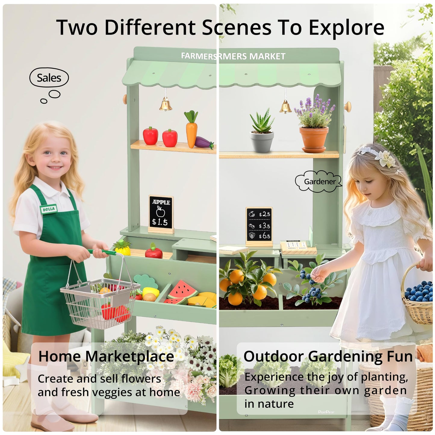 PairPear Wooden Mud Grocery Stand – 2-in-1 Outdoor Market & Mud Kitchen (Ages 3+)