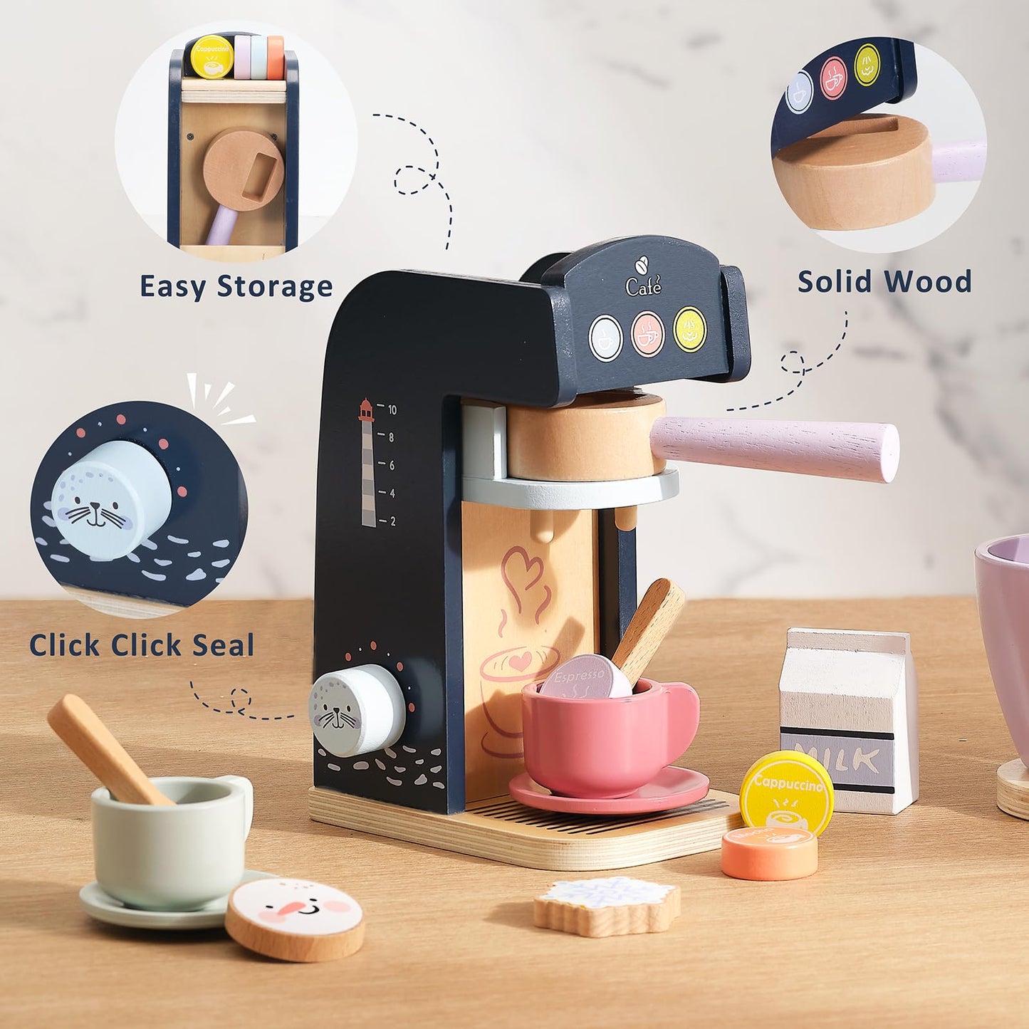 PairPear Wooden Coffee Maker Playset | Polar Espresso Machine, 13-Piece Pretend Play Kitchen Toys for Kids 3+