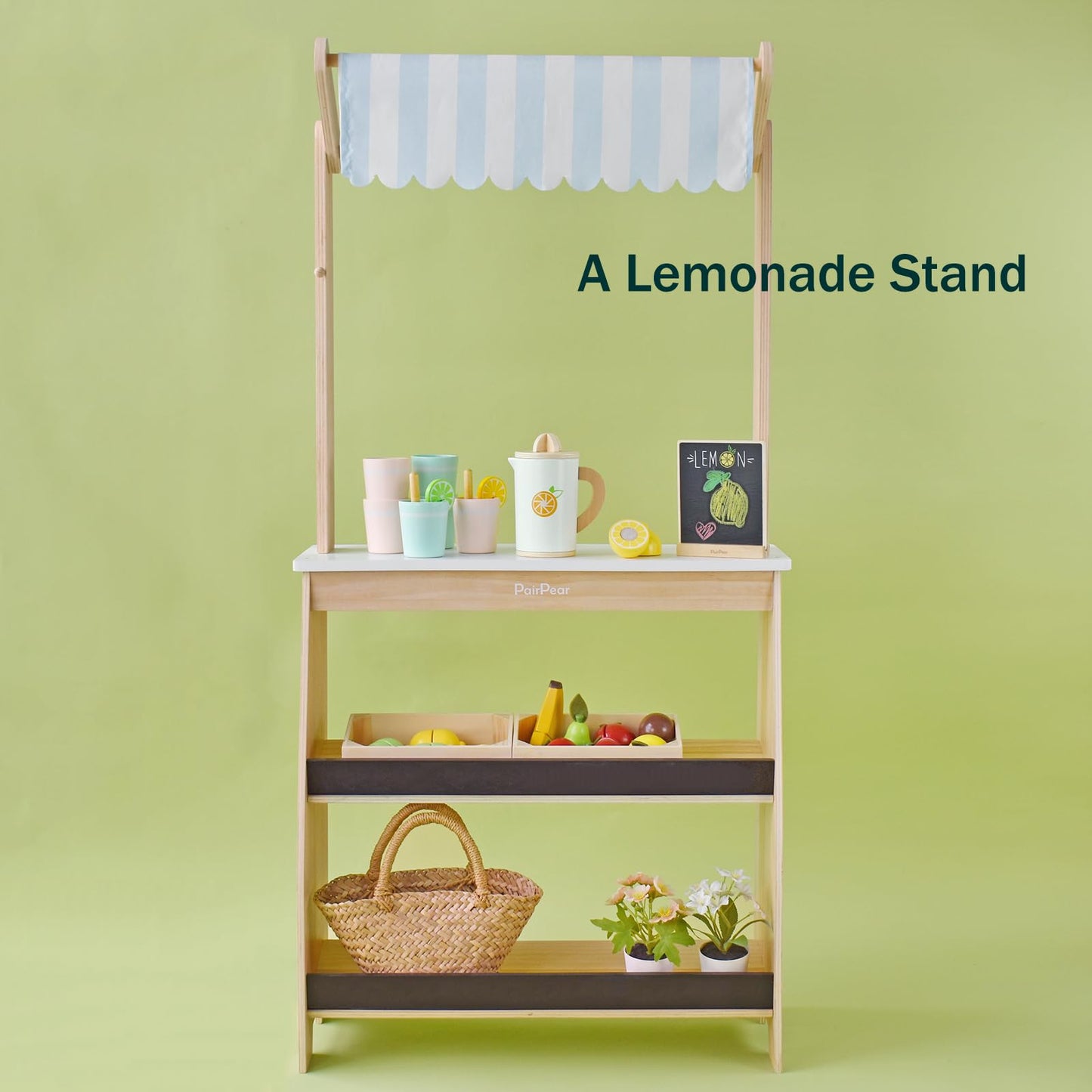 PairPear Wooden Grocery Store Pretend Play – Lemonade Stand Toy for Kids