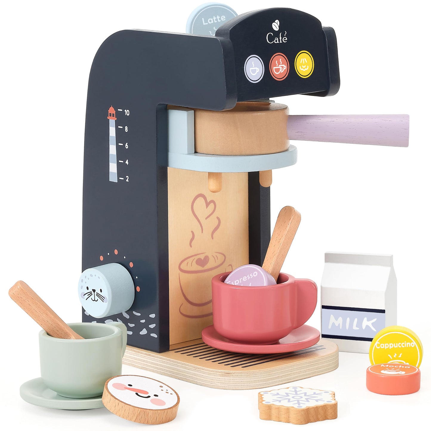 PairPear Wooden Coffee Maker Playset | Polar Espresso Machine, 13-Piece Pretend Play Kitchen Toys for Kids 3+