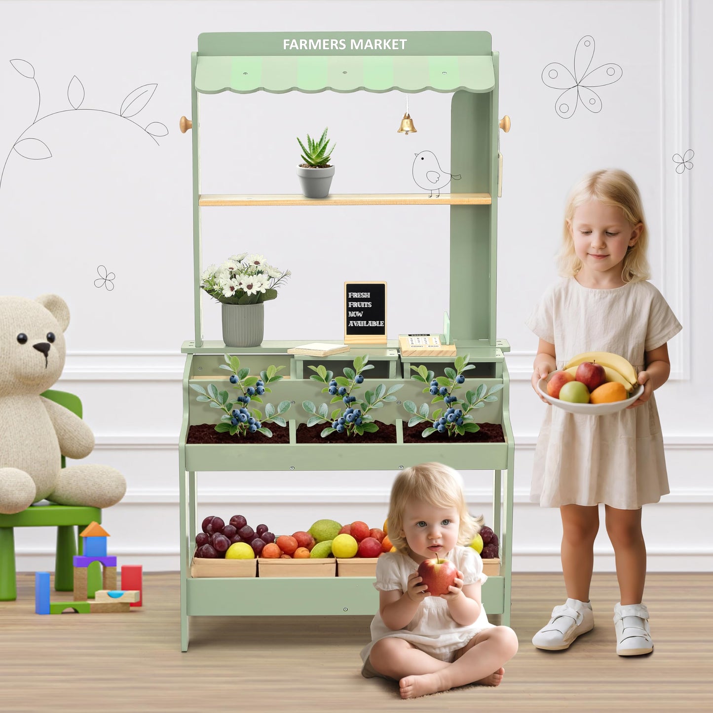 PairPear Wooden Mud Grocery Stand – 2-in-1 Outdoor Market & Mud Kitchen (Ages 3+)
