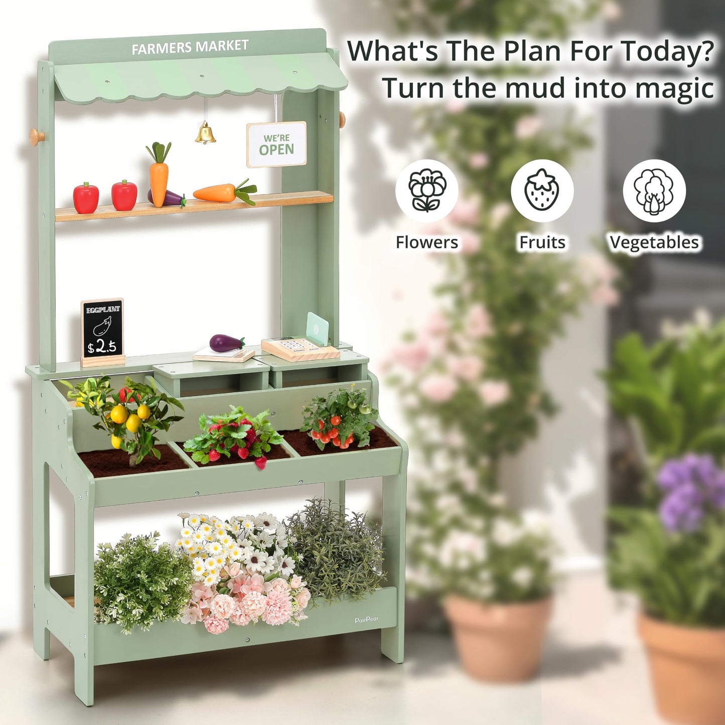 PairPear Wooden Mud Grocery Stand – 2-in-1 Outdoor Market & Mud Kitchen (Ages 3+)