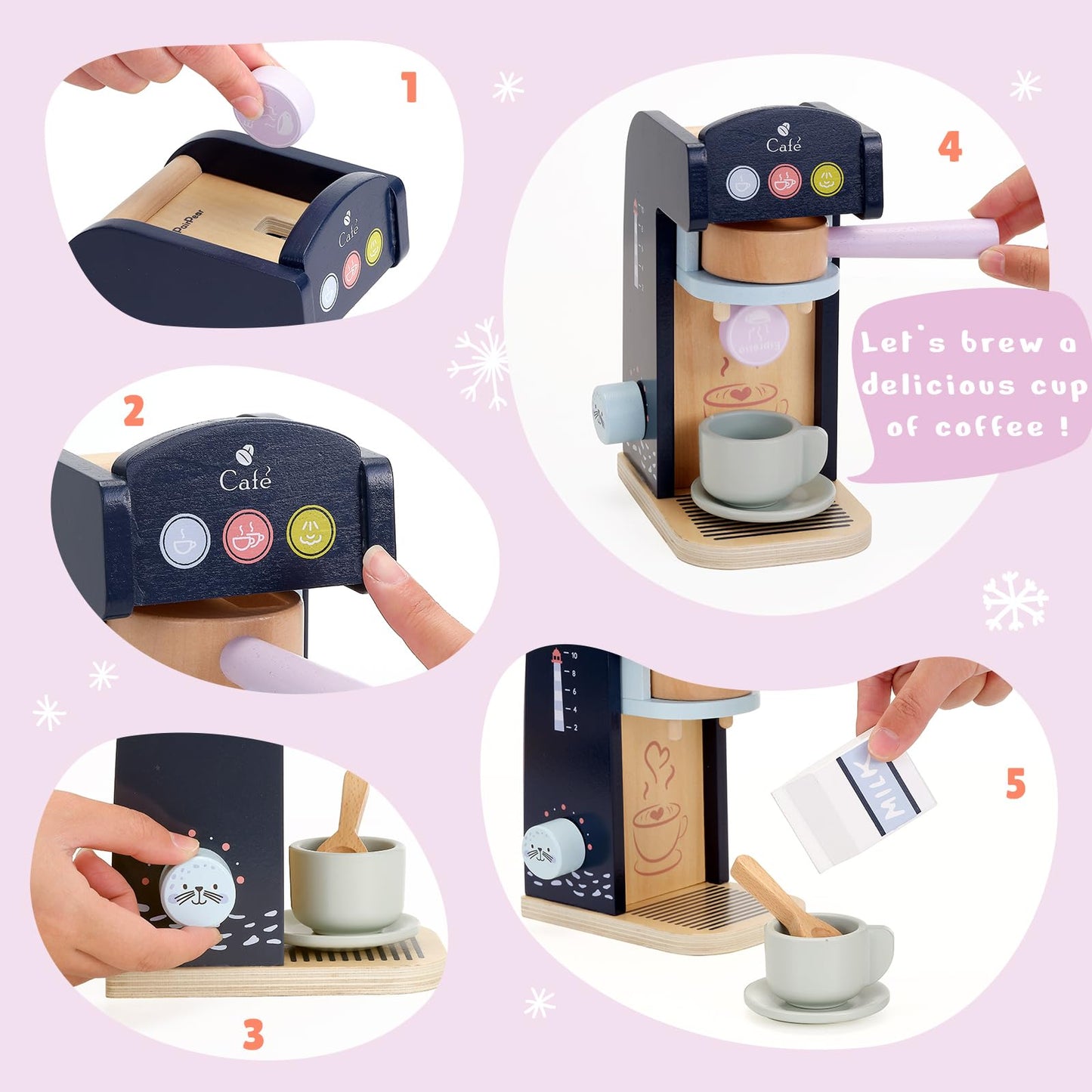 PairPear Wooden Coffee Maker Playset | Polar Espresso Machine, 13-Piece Pretend Play Kitchen Toys for Kids 3+