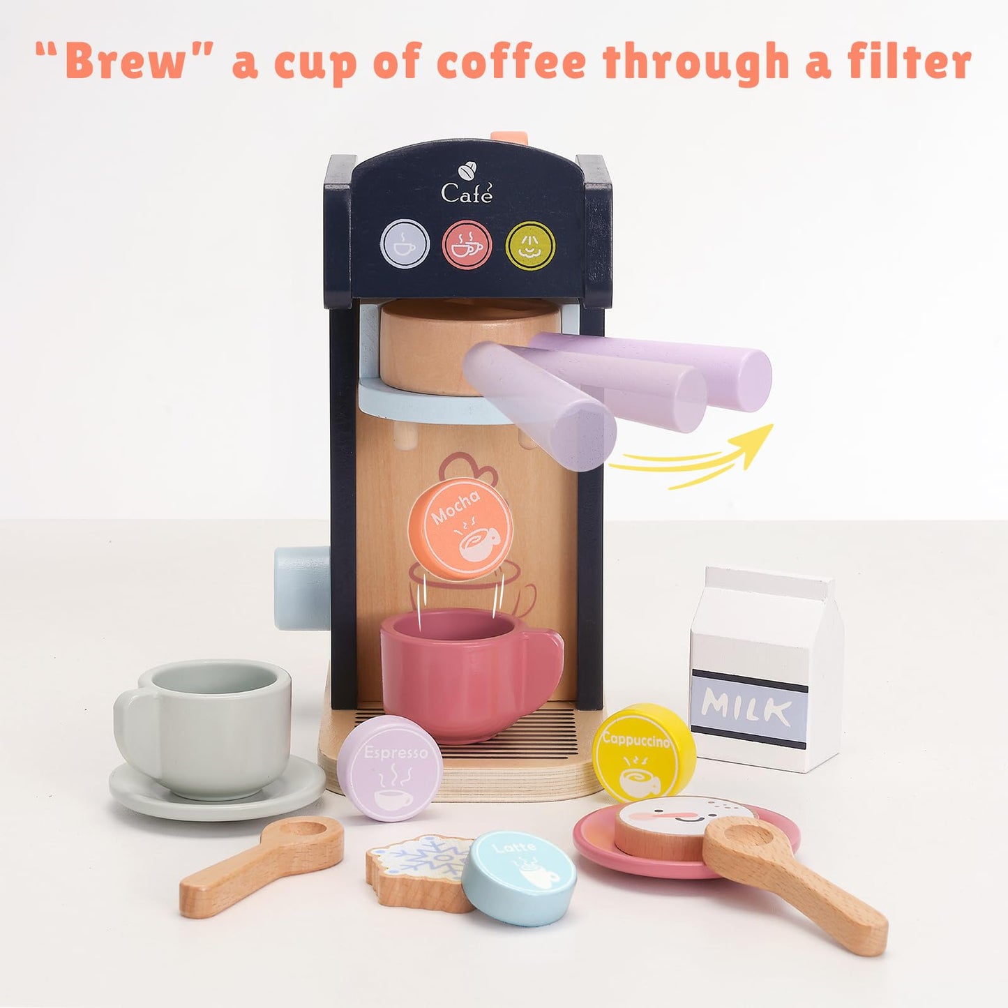 PairPear Wooden Coffee Maker Playset | Polar Espresso Machine, 13-Piece Pretend Play Kitchen Toys for Kids 3+