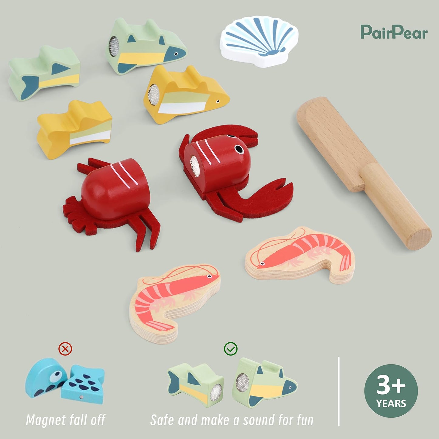 PairPear Wooden Seafood Cutting Set for Toddlers - Pretend Play Kitchen Toys