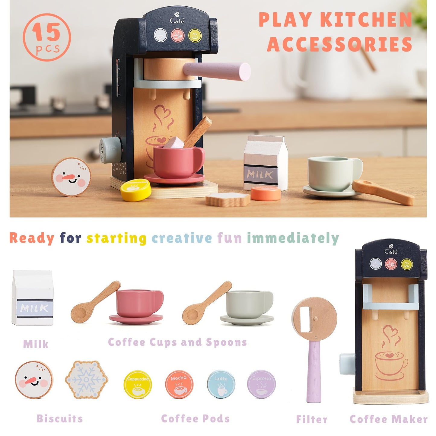 PairPear Wooden Coffee Maker Playset | Polar Espresso Machine, 13-Piece Pretend Play Kitchen Toys for Kids 3+