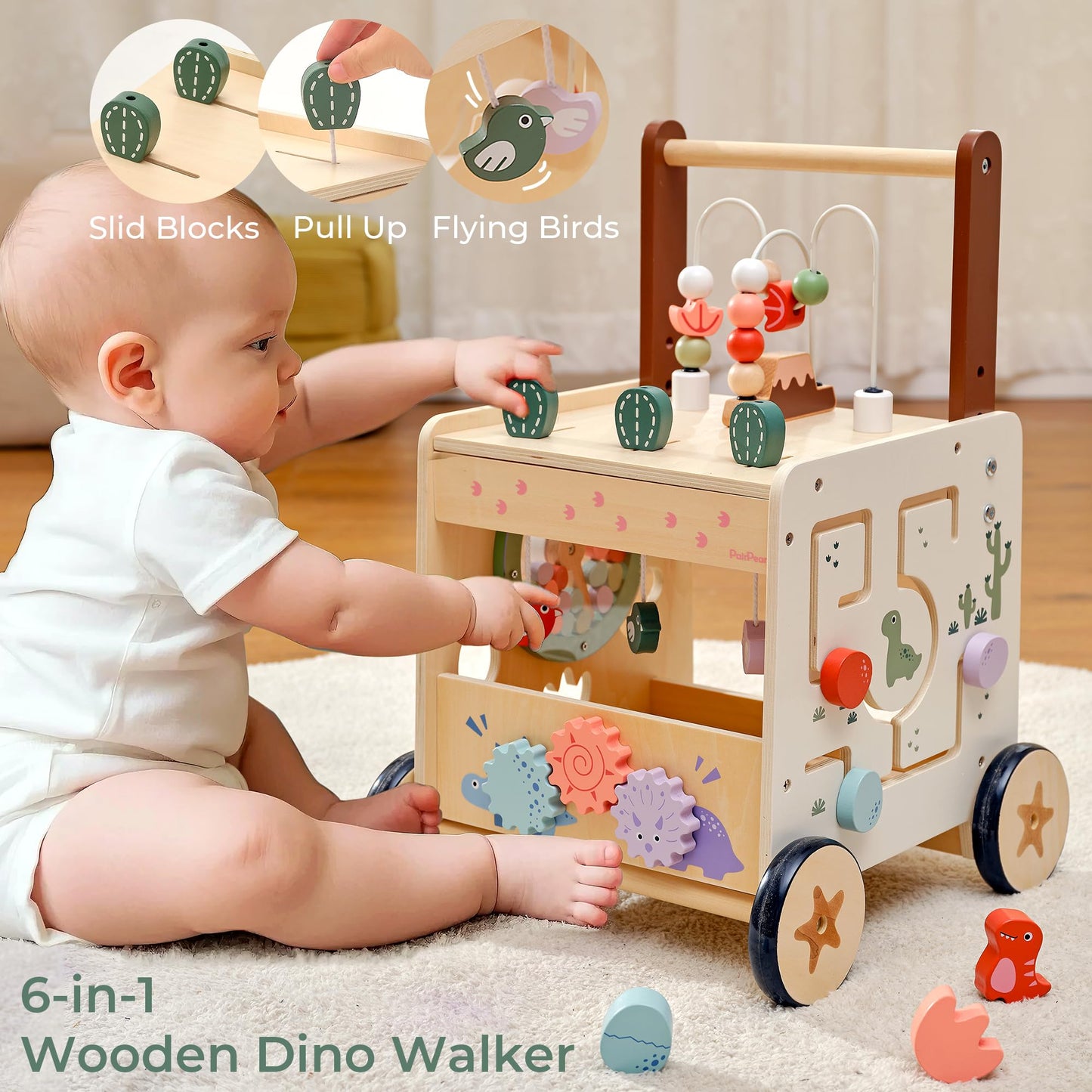 PairPear Wooden Activity Cube Push Walker – 6-in-1 Montessori Baby Walker (12m+) with Adjustable Speed & Brake