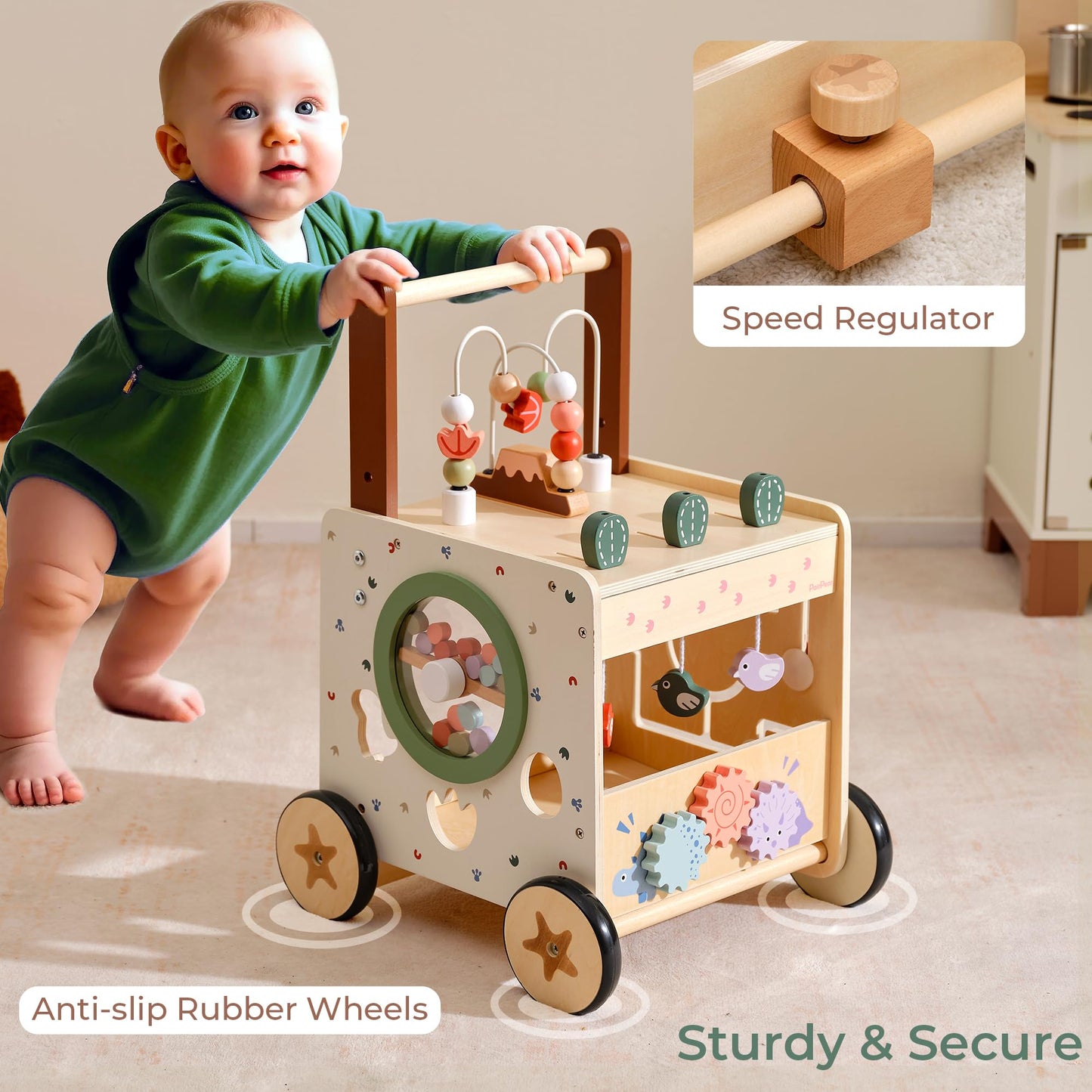 PairPear Wooden Activity Cube Push Walker – 6-in-1 Montessori Baby Walker (12m+) with Adjustable Speed & Brake