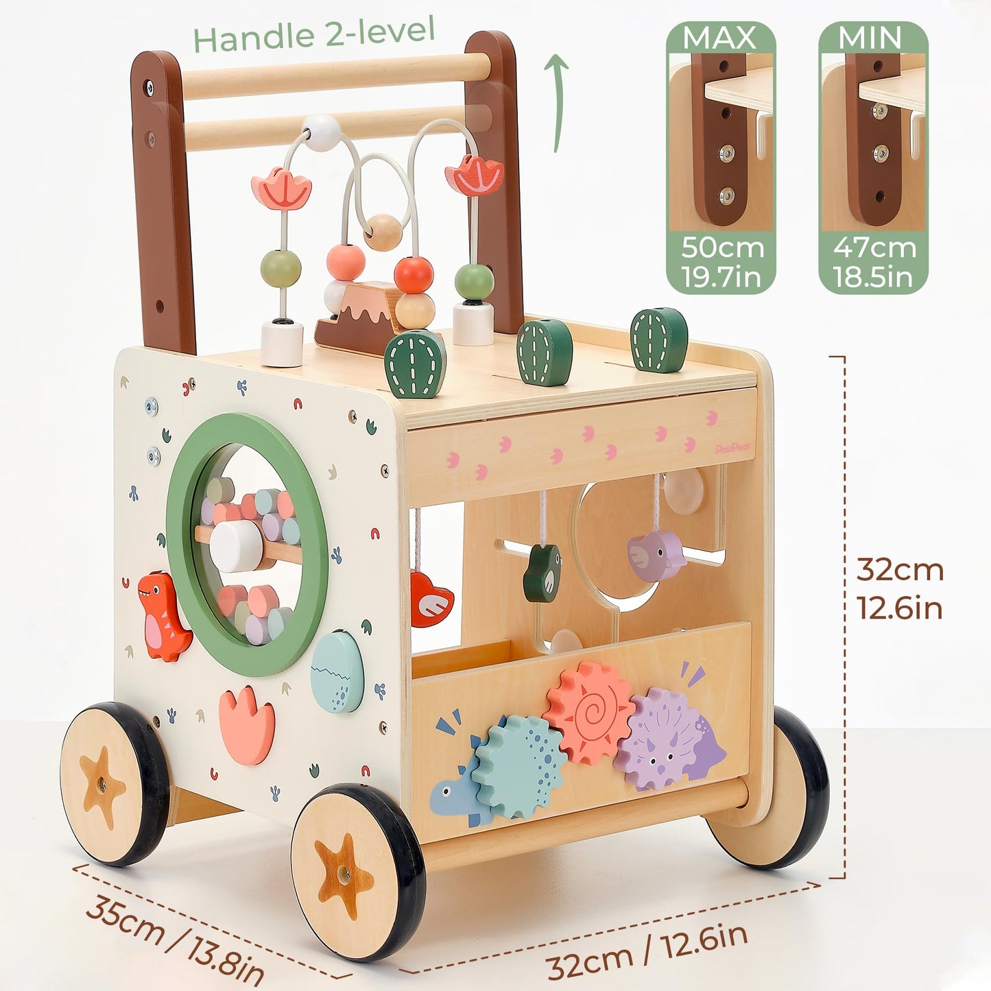 PairPear Wooden Activity Cube Push Walker – 6-in-1 Montessori Baby Walker (12m+) with Adjustable Speed & Brake