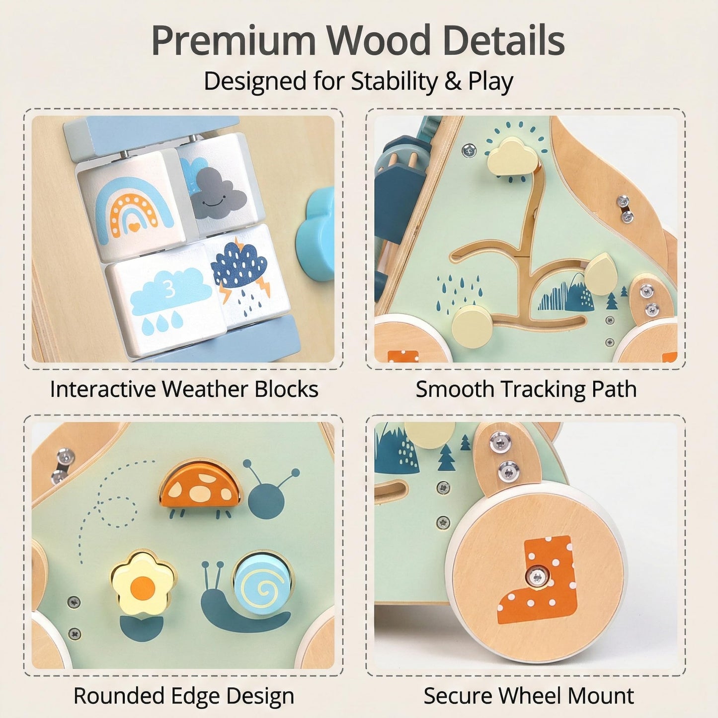 PairPear Wooden Activity Walker for Babies – Montessori Sit & Push Toy