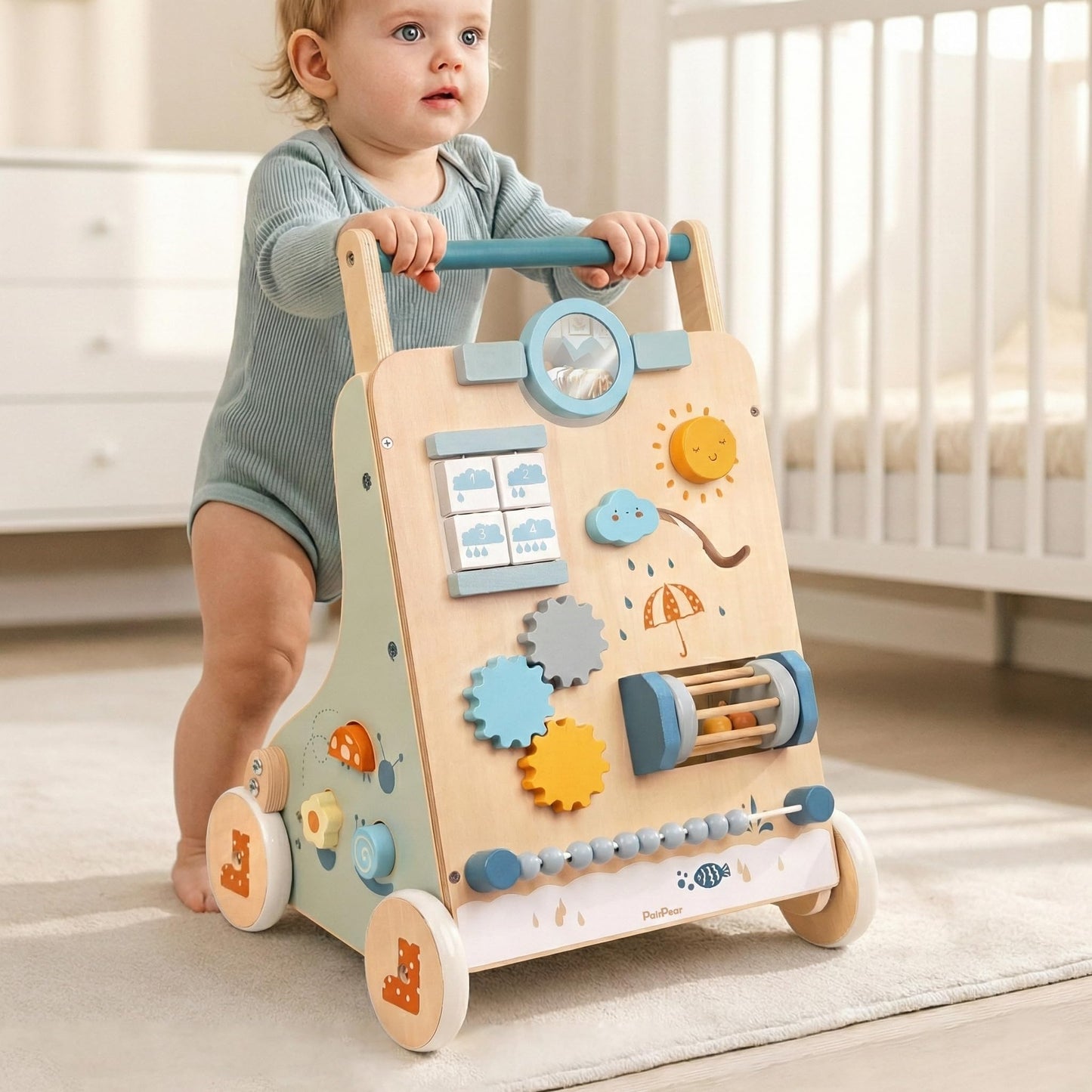 PairPear Wooden Activity Walker for Babies – Montessori Sit & Push Toy