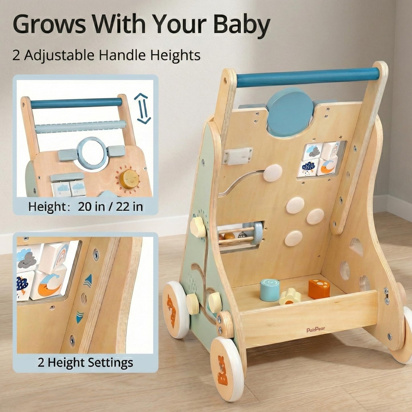 PairPear Wooden Activity Walker for Babies – Montessori Sit & Push Toy