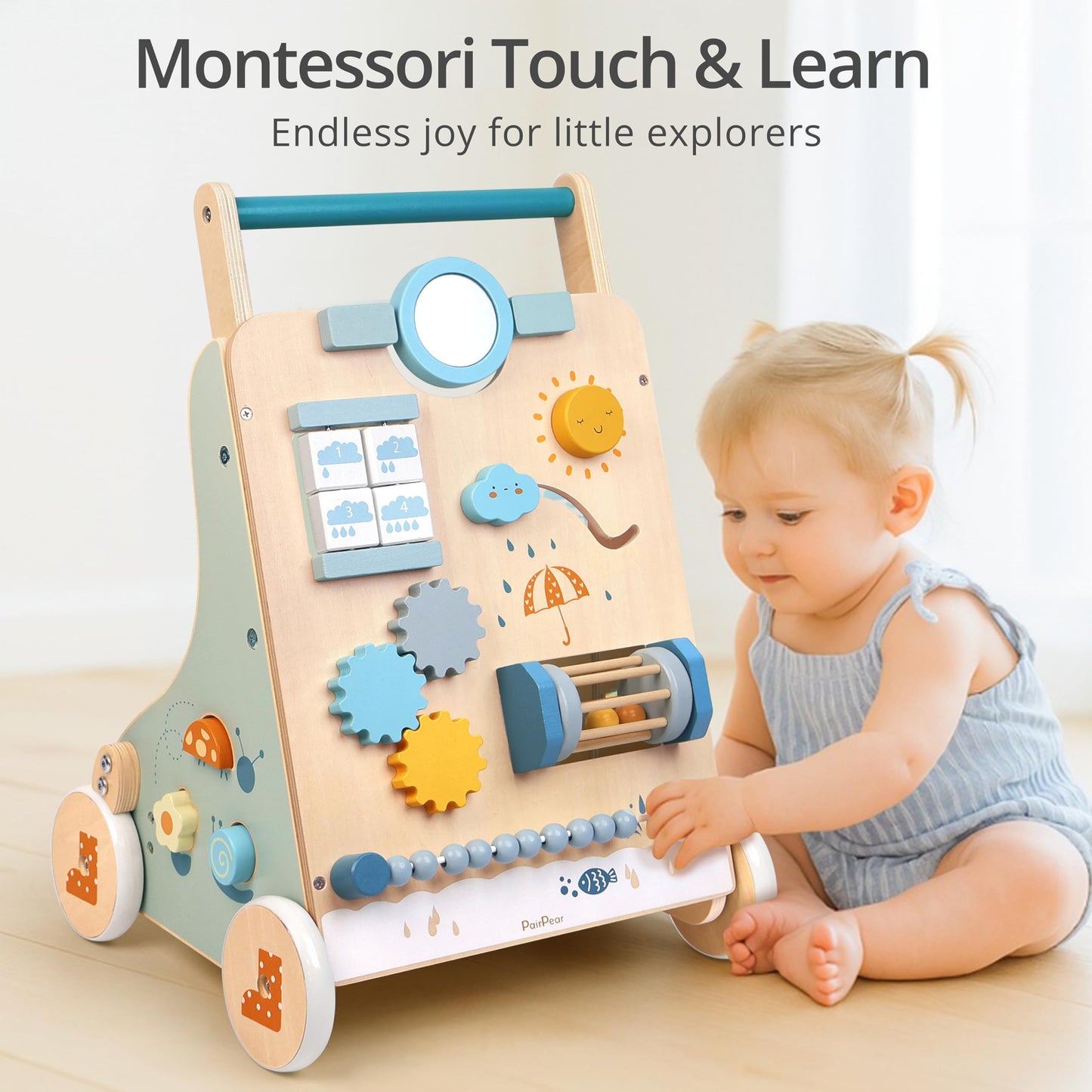 PairPear Wooden Activity Walker for Babies – Montessori Sit & Push Toy