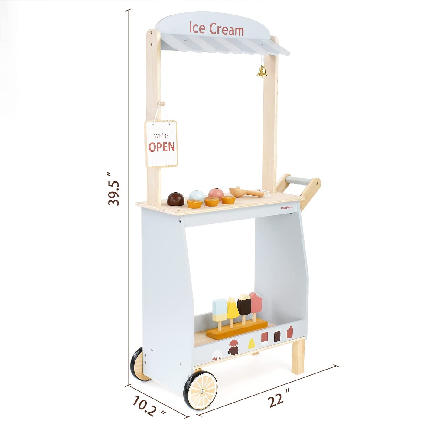 PairPear Wooden Ice Cream Cart for Kids – Pretend Play Dessert Truck, 3+