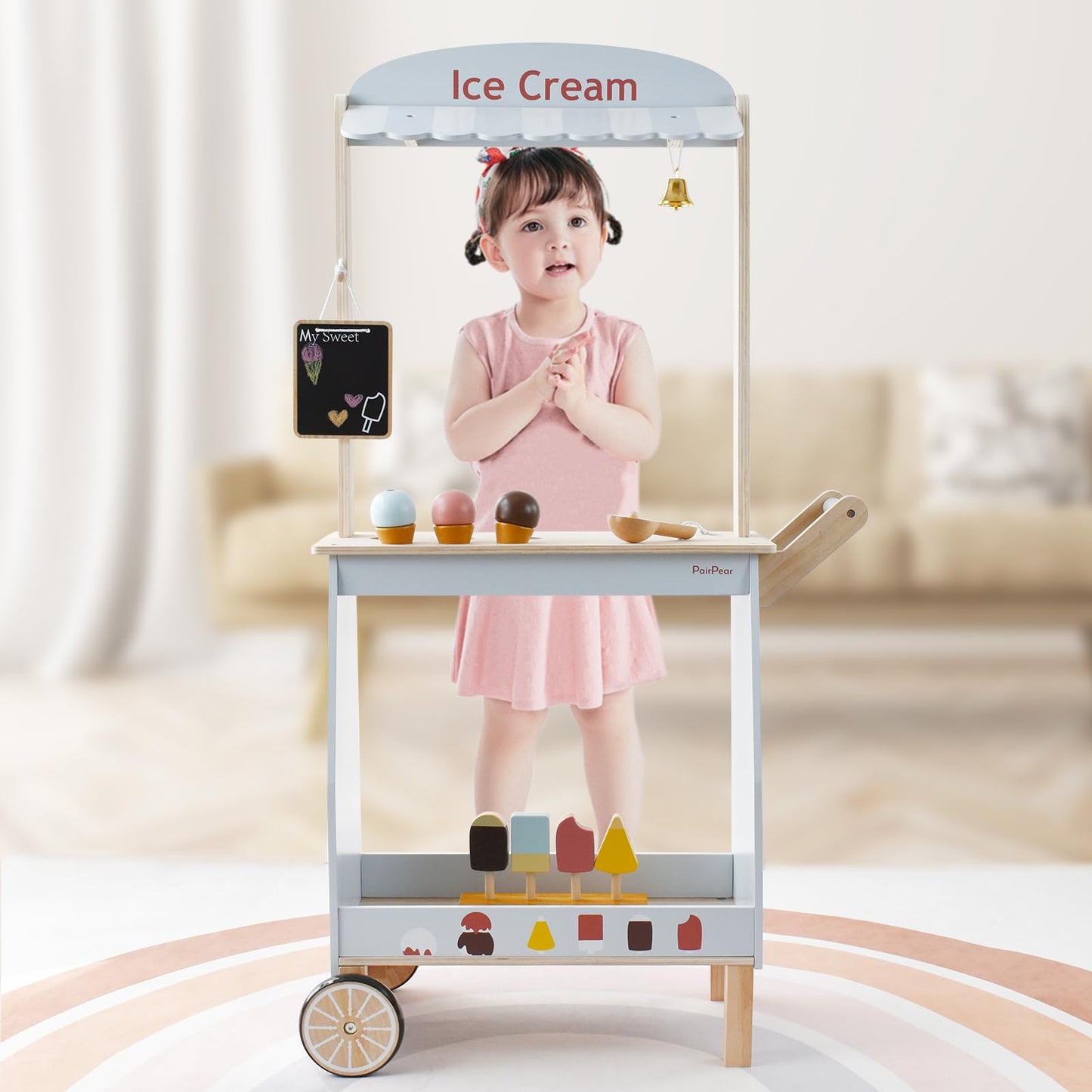 PairPear Wooden Ice Cream Cart for Kids – Pretend Play Dessert Truck, 3+