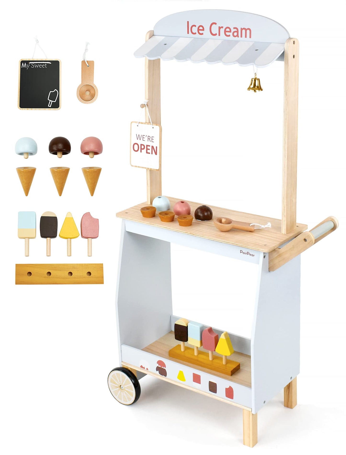 PairPear Wooden Ice Cream Cart for Kids – Pretend Play Dessert Truck, 3+