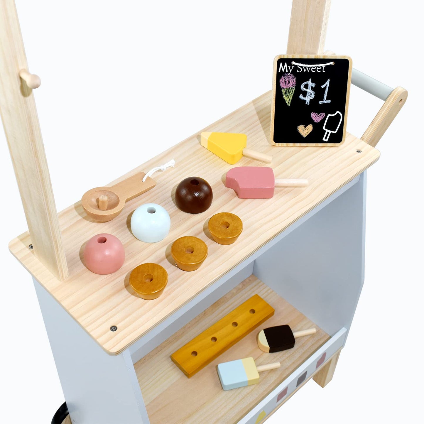 PairPear Wooden Ice Cream Cart for Kids – Pretend Play Dessert Truck, 3+