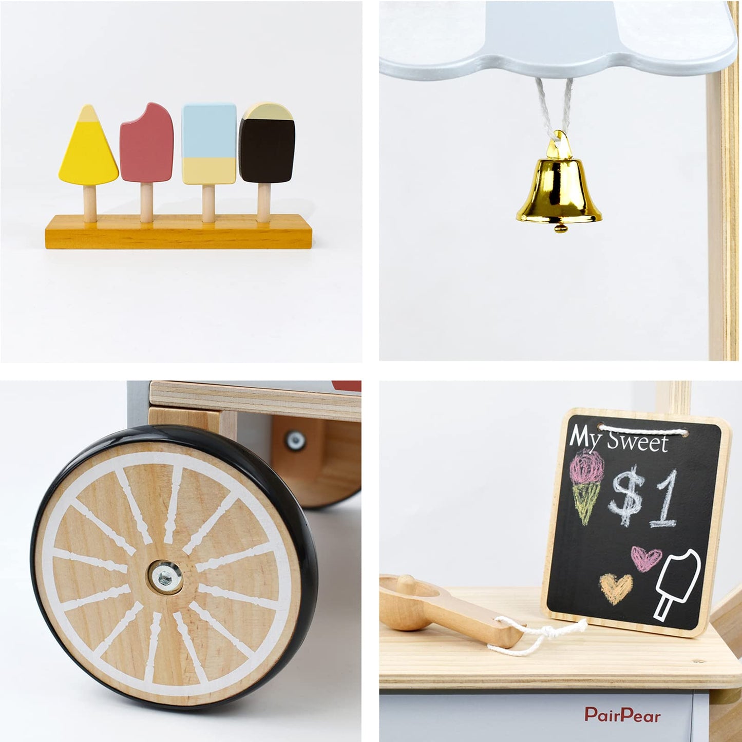 PairPear Wooden Ice Cream Cart for Kids – Pretend Play Dessert Truck, 3+