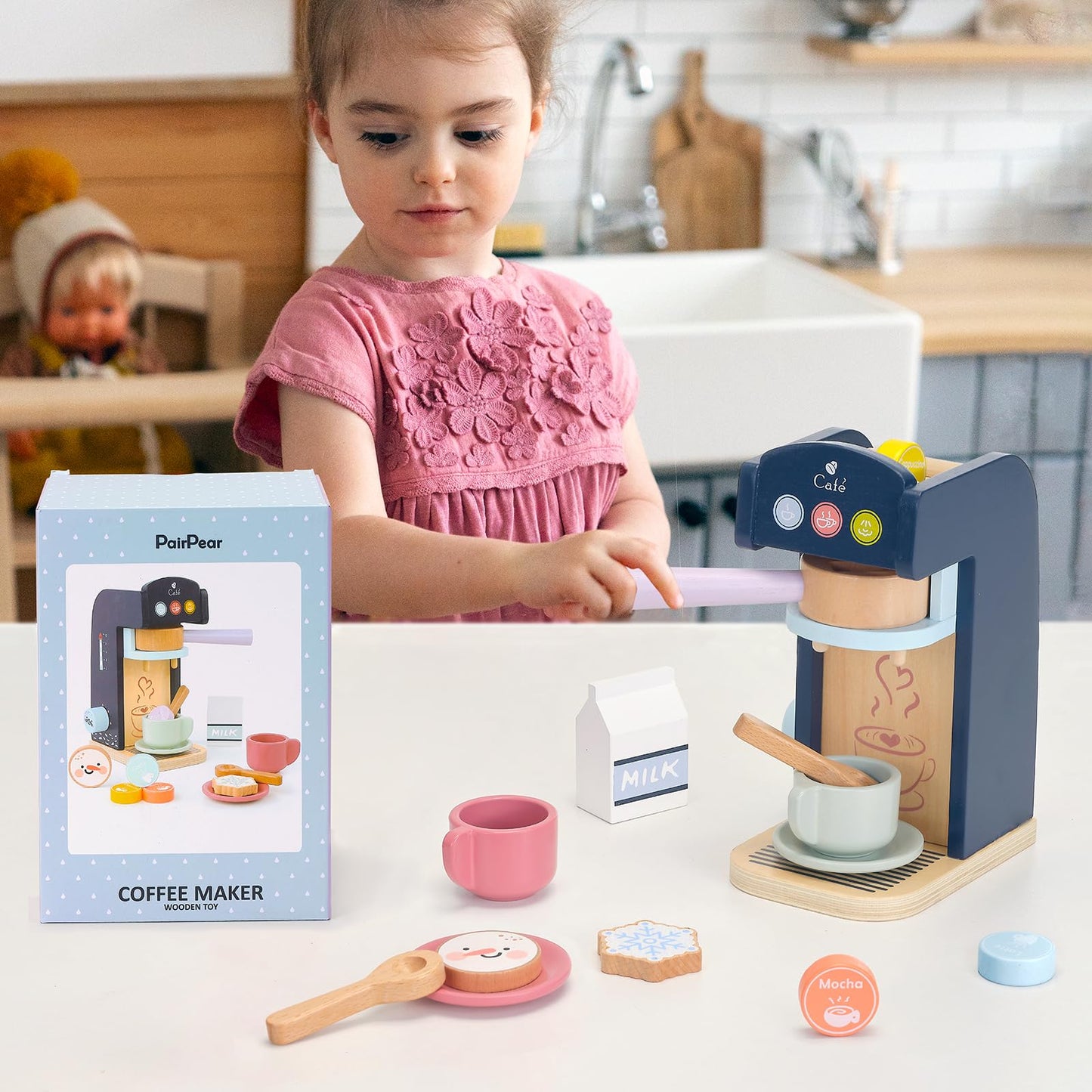 PairPear Wooden Coffee Maker Playset | Polar Espresso Machine, 13-Piece Pretend Play Kitchen Toys for Kids 3+