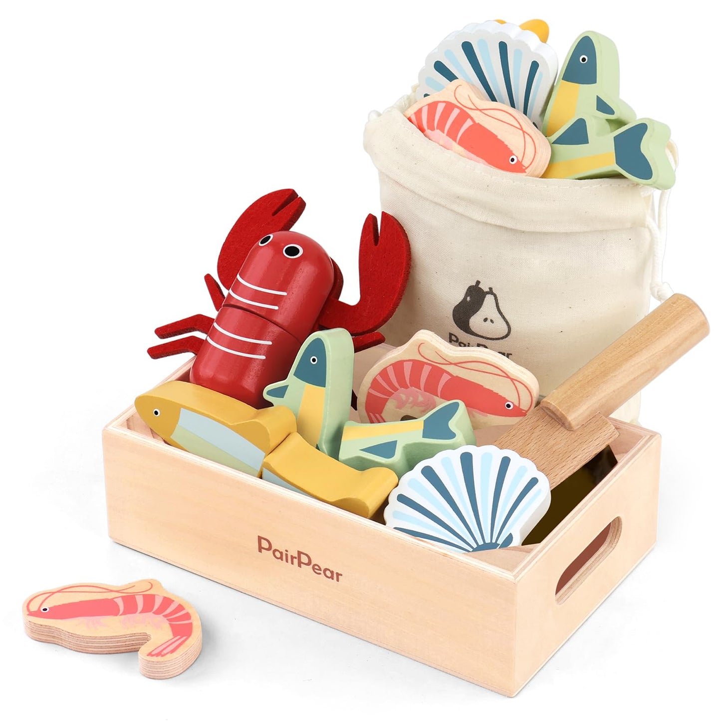PairPear Wooden Seafood Cutting Set for Toddlers - Pretend Play Kitchen Toys