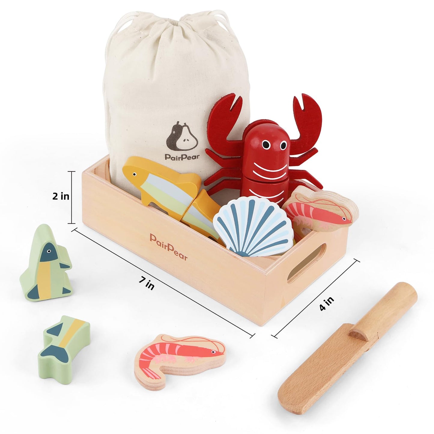 PairPear Wooden Seafood Cutting Set for Toddlers - Pretend Play Kitchen Toys