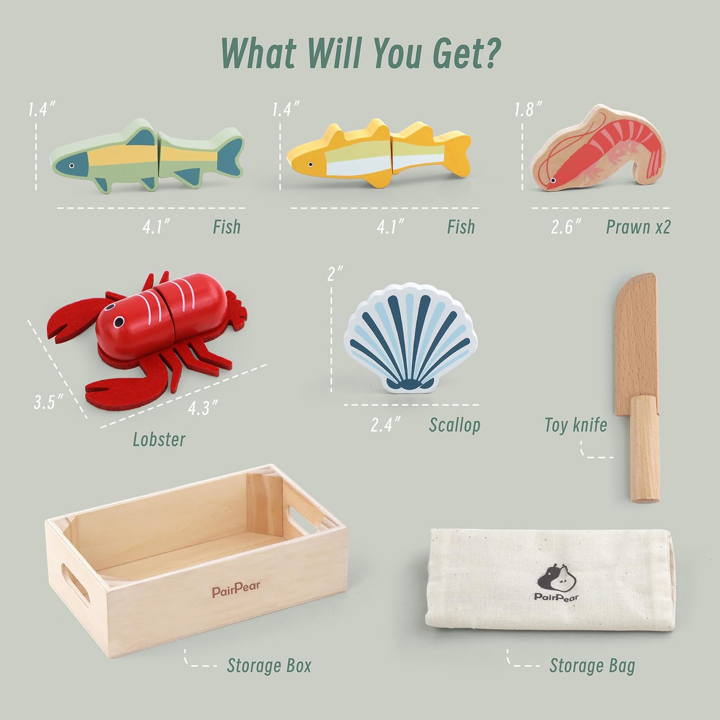 PairPear Wooden Seafood Cutting Set for Toddlers - Pretend Play Kitchen Toys