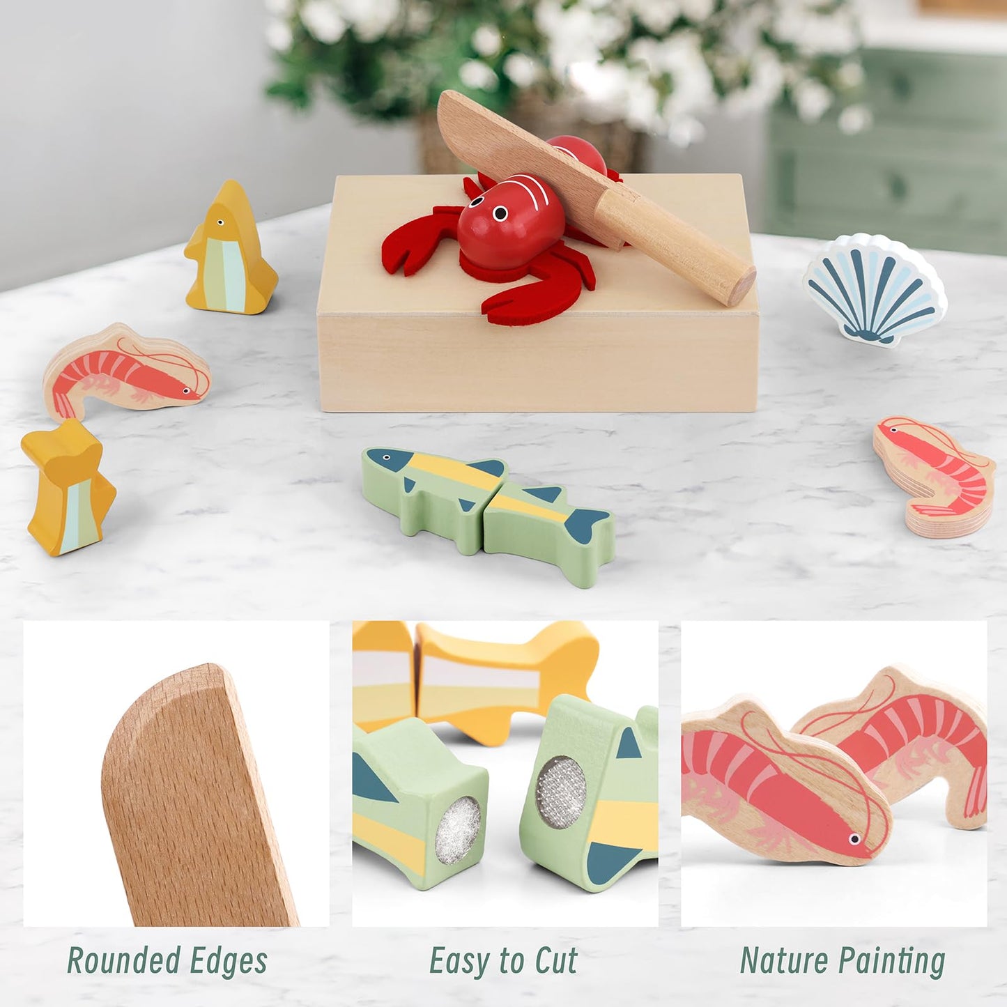 PairPear Wooden Seafood Cutting Set for Toddlers - Pretend Play Kitchen Toys