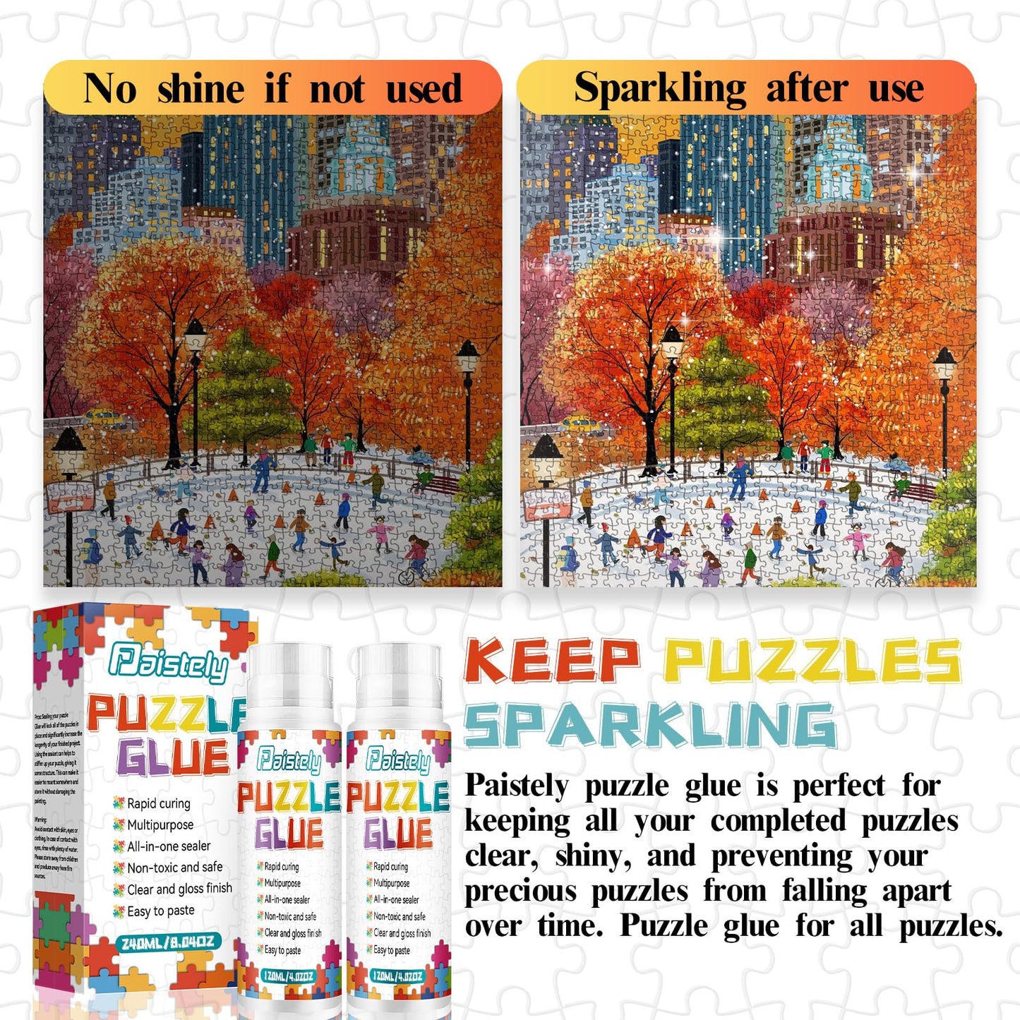 Paistely Puzzle Glue with New Sponge Head – Clear Quick-Dry Glue for 1000/3000/5000-Piece Puzzles & Wood Puzzles (120ml x 2)