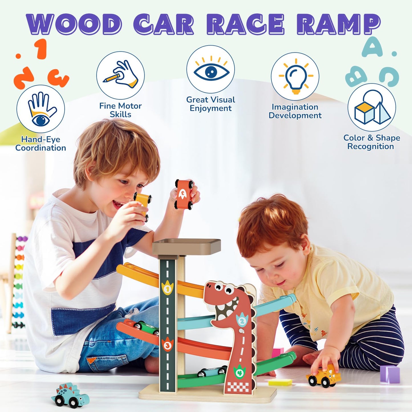 Paisure Montessori Car Ramp Toy for Toddlers 1-3 | Wooden Race Track & Cars