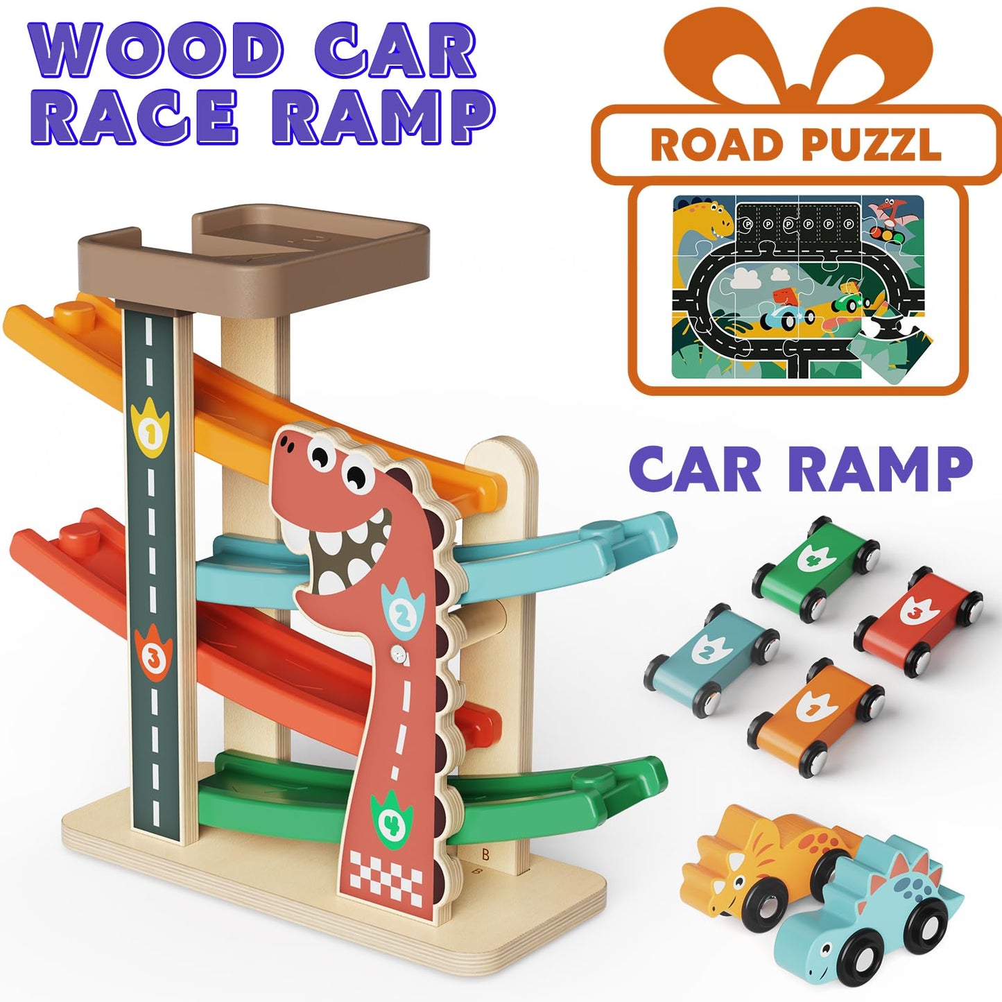 Paisure Montessori Car Ramp Toy for Toddlers 1-3 | Wooden Race Track & Cars