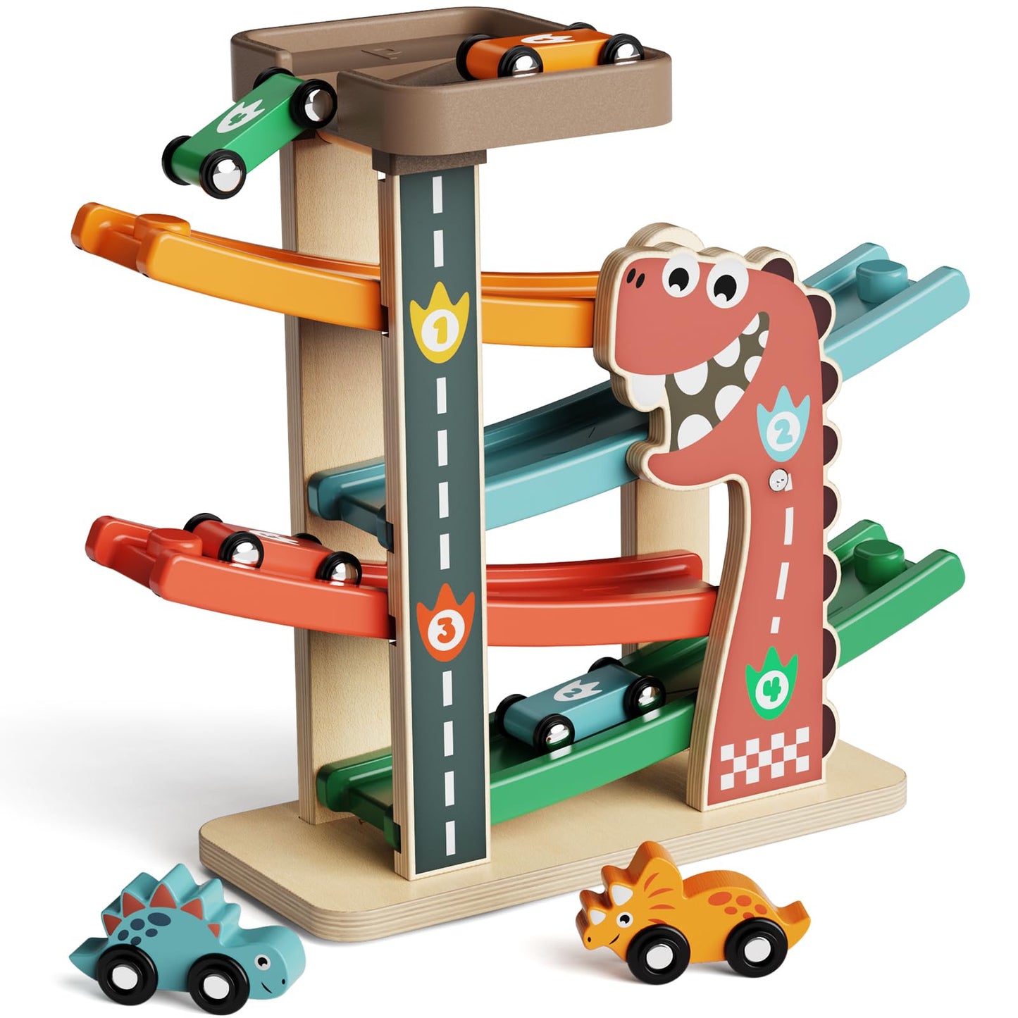Paisure Montessori Car Ramp Toy for Toddlers 1-3 | Wooden Race Track & Cars