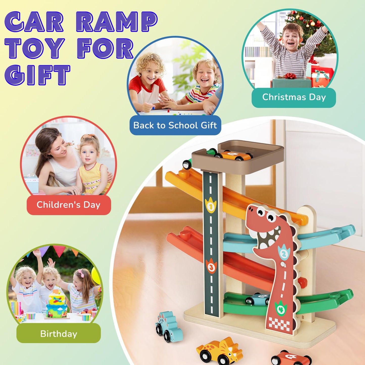 Paisure Montessori Car Ramp Toy for Toddlers 1-3 | Wooden Race Track & Cars
