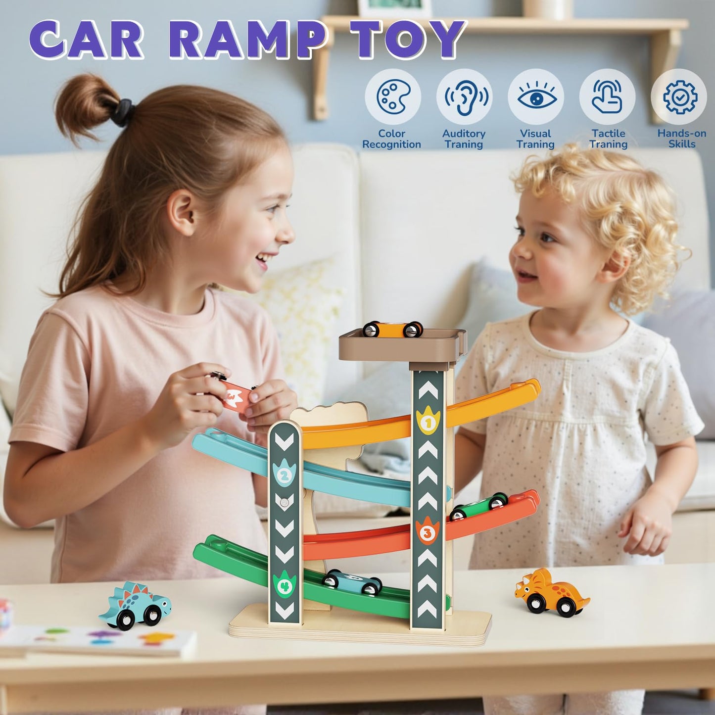 Paisure Montessori Car Ramp Toy for Toddlers 1-3 | Wooden Race Track & Cars