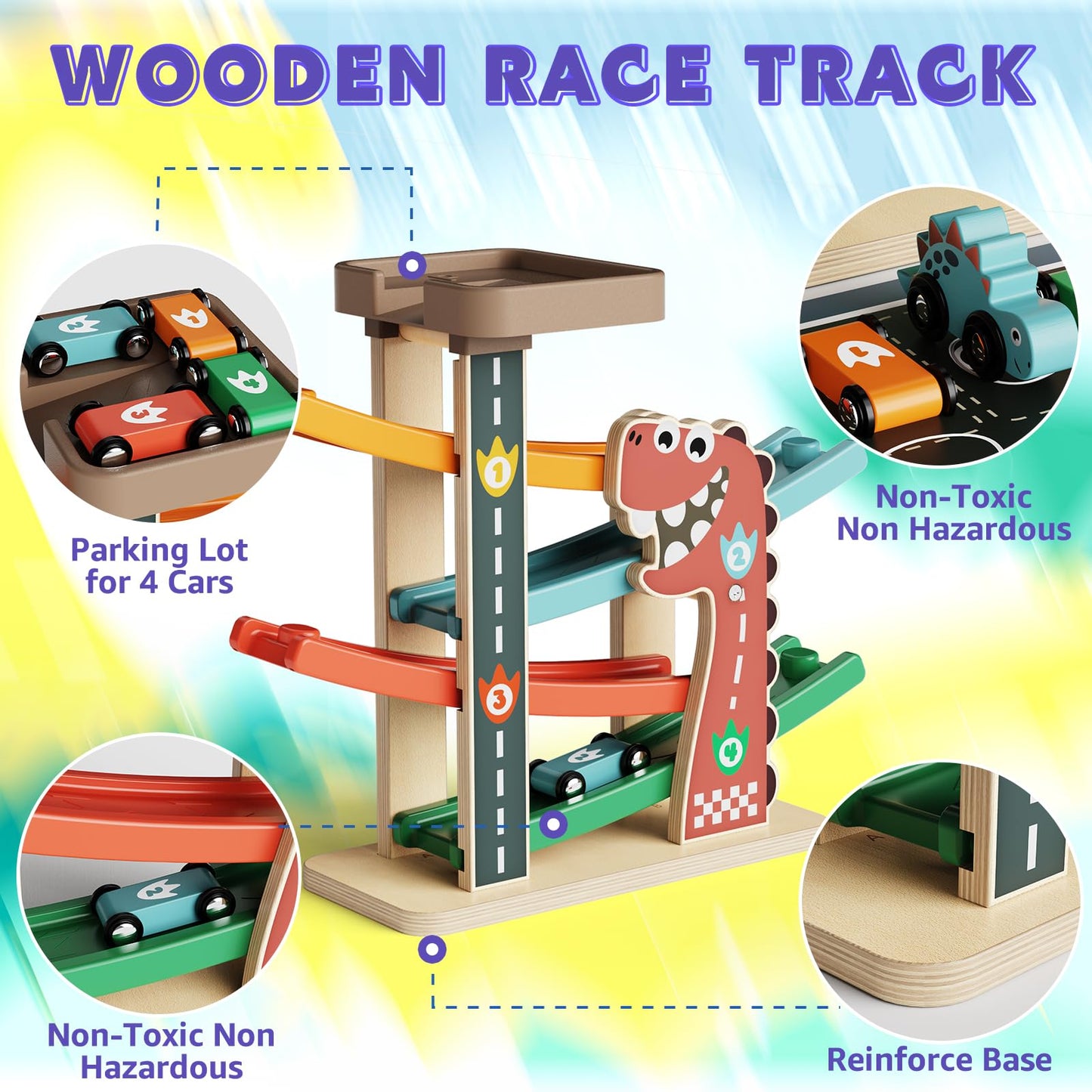 Paisure Montessori Car Ramp Toy for Toddlers 1-3 | Wooden Race Track & Cars